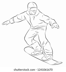 isolated illustration of a snowboarder , black and white drawing, white background
