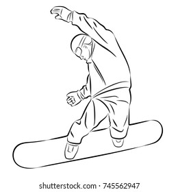 Isolated Illustration Of A Snowboarder, Black And White Drawing, White Background