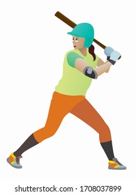 Isolated Illustration Of A Softball Woman Player, Colored Vector Drawing, White Background