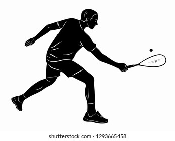 isolated illustration of a squash player , black and white drawing, white background