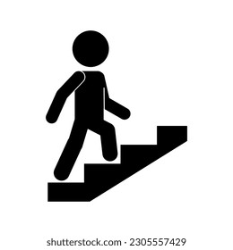 Isolated illustration of stick man walking or climbing up stair or ladder, graphic resource for safety building sign, indoor information label