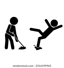 Isolated illustration of stickman moping floor and man falling, template icon for safety sign cleaning in progress, janitor, slippery when wet, caution wet floor, fall hazard