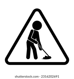 Isolated illustration of stickman moping floor with water, template triangle safety icon for sign cleaning in progress, janitor, slippery when wet, caution wet floor, fall hazard