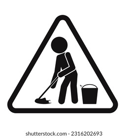 Isolated illustration of stickman moping floor with water, template triangle safety icon for sign cleaning in progress, janitor, slippery when wet, caution wet floor, fall hazard