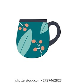Isolated illustration of a stylish teal mug featuring a botanical pattern of green leaves and peach colored berries, perfect for beverages or home decor concepts