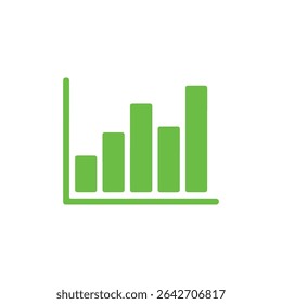 Ilustração isolada de um gráfico de barras verde estilizado com colunas crescendo mais alto da esquerda para a direita, exibindo análises de negócios e métricas de desempenho em um plano de fundo branco.