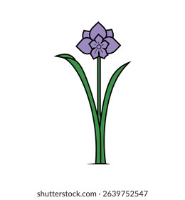Isolated illustration of a stylized purple flower with a black outline. The flower sits atop a single green stem with two simple, pointed green leaves.