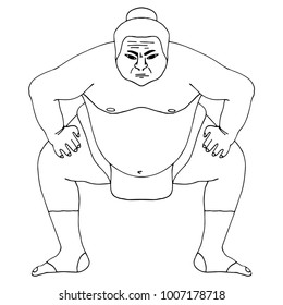 Isolated illustration of sumo wrestler, black and white drawing, white background