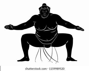 isolated illustration of sumo wrestler, black and white drawing, white background