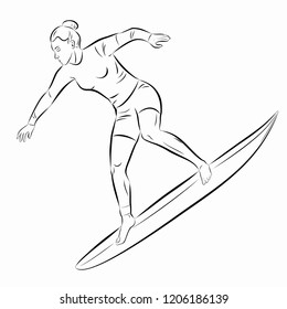 isolated illustration of surfer woman , black and white drawing, white background