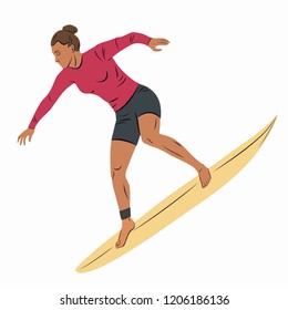 isolated illustration of surfer woman , colored drawing, white background
