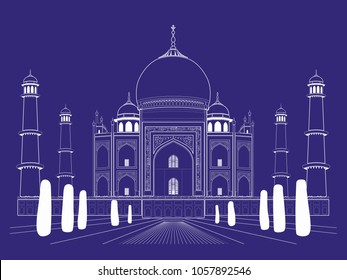 isolated illustration of an taj mahal ,  white drawing on a dark background