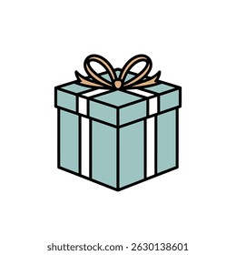 Isolated illustration of a teal gift box tied with a peach-colored ribbon, outlined in black, in a minimalist style. Clean, simple, and ideal for design projects.