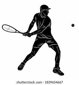 isolated illustration of a tennis player, black and white vector drawing, white background