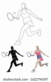 isolated illustration of a tennis player, different variations vector drawing set, white background
