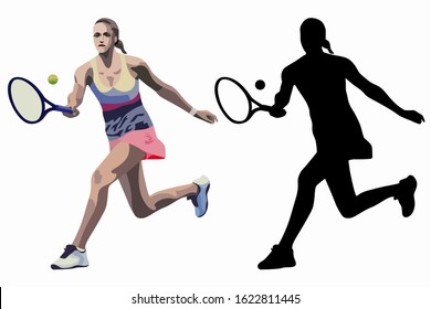isolated illustration of a tennis player,silhouette and color vector drawing set, white background
