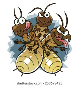Isolated illustration of three cartoon hungry termites. 