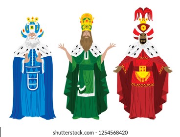 Isolated illustration of the three wizard kings Melchior, Caspar and Balthazar.