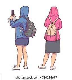 Isolated illustration of tourist girls sightseeing, taking pictures and wearing raincoats in color