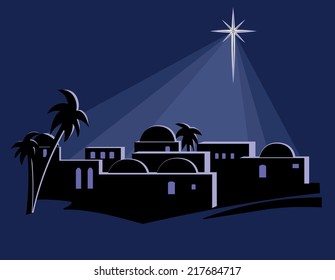 An isolated illustration of the town of Bethlehem at night, at the time of the birth of Jesus, with a bright star shining down on the buildings. 