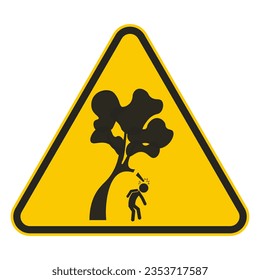 Isolated illustration of triangle sign man walking with accident branches of tree falling at head, injury safety precaution danger sign in park, forest, trees 