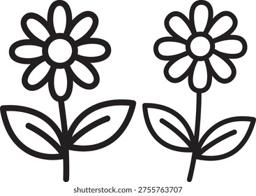 Isolated illustration of two cartoon flowers, simple icon design, botanical elements for graphic decoration