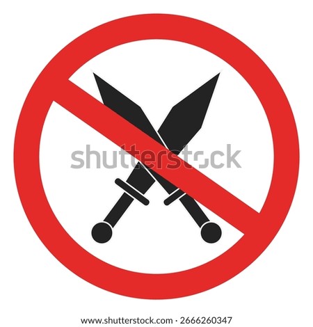 Isolated illustration of two crossed swords silhouettes to sign prohibiting war or carrying swords, advertising for peace. sign prohibiting carrying swords