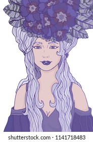 Isolated illustration of ultraviolet fairy with long hair with primula bouquet and in elegant dress. Inspired pantone color of 2018 year. Fantasy art in violet color for web or print project
