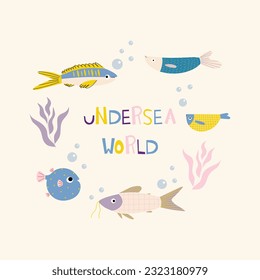 Isolated Illustration of the Underwater World. Fish and Algae Collection with Hand Lettering in Vector