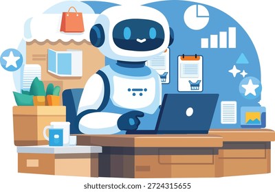 Ilustración aislada del uso de la IA para la automatización empresarial Pequeña en el fondo blanco