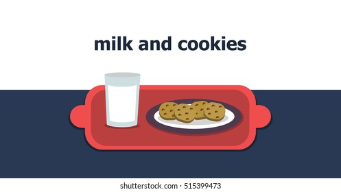 Isolated illustration vector of a glass of milk and a plate of cookies on tray.