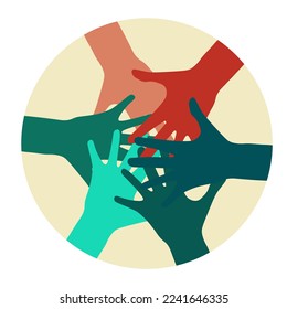 Isolated illustration vector of many colorful silhouette hand stack symbol of togetherness, partner, group, team work in a round shape