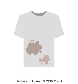 Isolated illustration of white t‑shirt with mud stain on front, clear symbol for dirty clothing, laundry, cleaning, and hygiene concept.