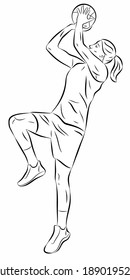 isolated illustration of a woman basketball player, black and white vector drawing, white background