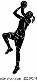 isolated illustration of a woman basketball player, black and white vector drawing, white background