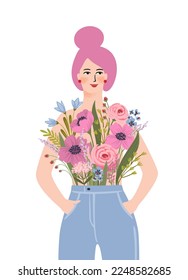 Isolated illustration of a woman with flowers. Concept for International Women s Day and other use