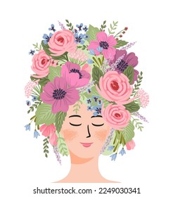 Isolated illustration of a woman with flowers. Concept for International Women s Day and other use
