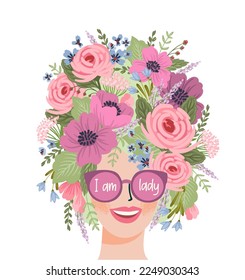 Isolated illustration of a woman with flowers. Concept for International Women s Day and other use