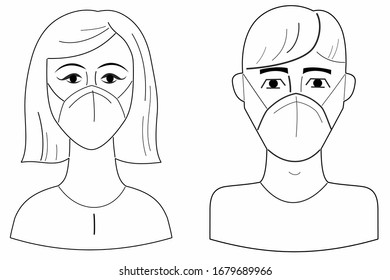 isolated illustration of a woman and man with protective mask,  black and vhite vector line drawing set, white background
