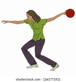 isolated illustration of woman playing bowling . colored drawing, white background