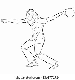 isolated illustration of woman playing bowling . black and white drawing, white background