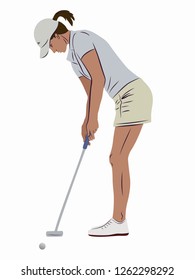 isolated illustration of a woman playing golf, colored drawing, white background