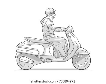 Isolated illustration of woman riding moped, motorcycle from side view in black and white grey scale