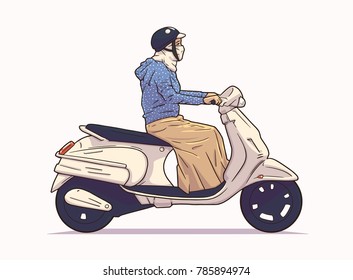 Isolated illustration of woman riding moped, motorcycle from side view in color