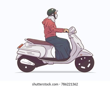 Isolated illustration of woman riding motorbike, motorcycle from side view in color
