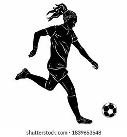 isolated illustration of woman soccer player , black and white drawing, white background