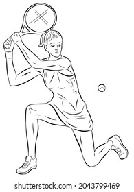 isolated illustration of a woman tennis  player, black and white vector drawing, white background