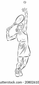 isolated illustration of a woman tennis  player, black and white vector drawing, white background