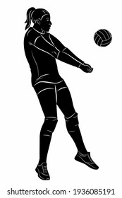 isolated illustration of a woman volleyball player , black and white drawing, white background