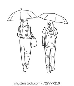 Isolated illustration of women walking in the rain holding umbrellas in black and white
